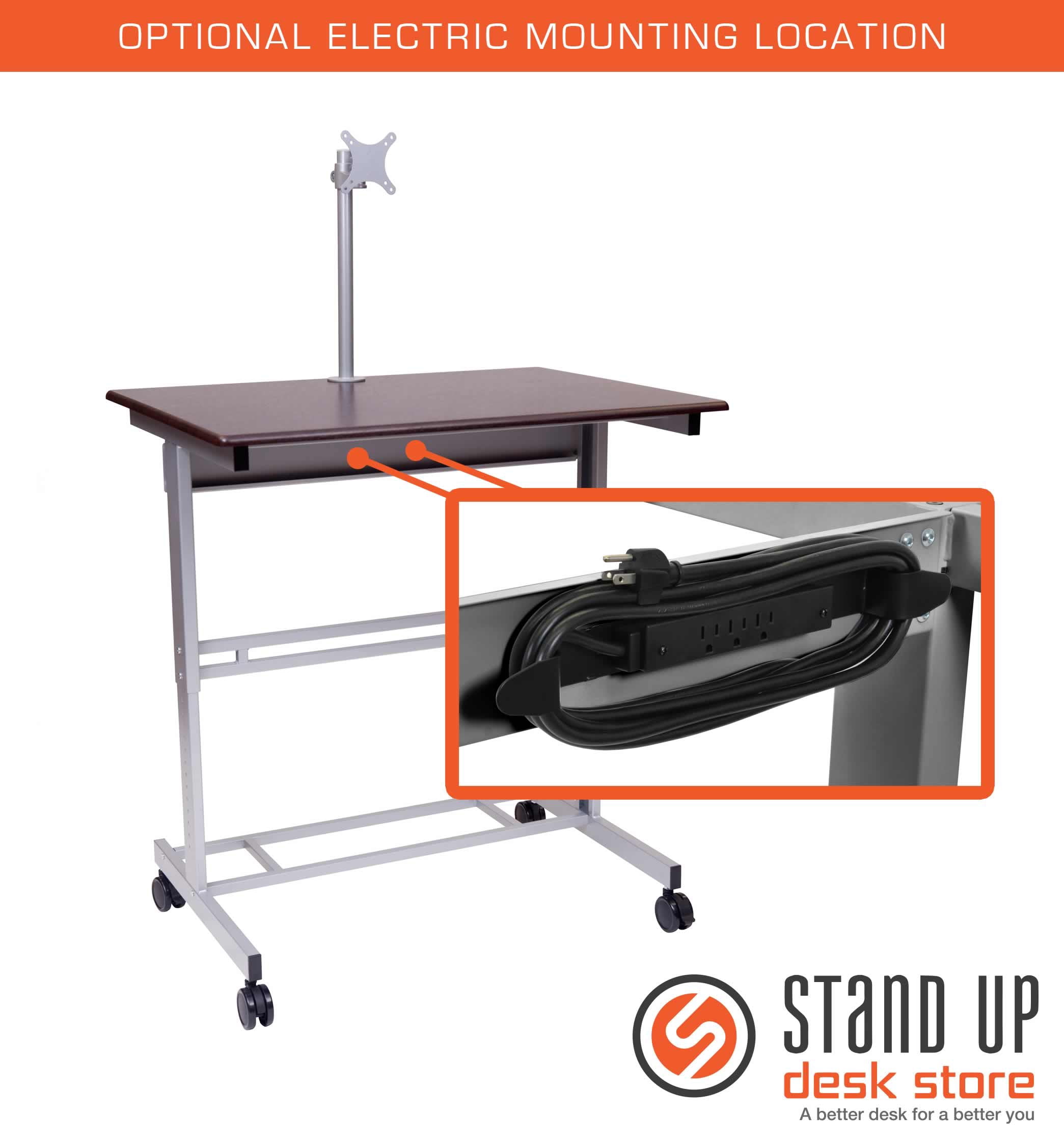 40 Mobile Adjustable-Height Stand Up Desk with Monitor Mount (Dark Walnut Shelves and Silver Frame)
