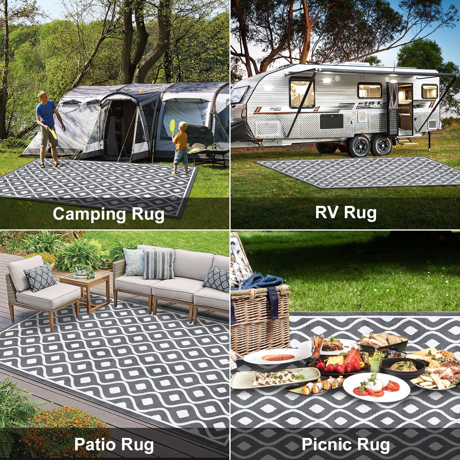 Indoor Outdoor Patio Mat RV 9'x6' Reversible Camping Picnic Rug Pad  Weatherproof