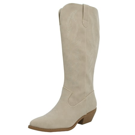 

Soda Women s Faux Leather Stitching Cowboy Knee High Boots Sand 11 M US