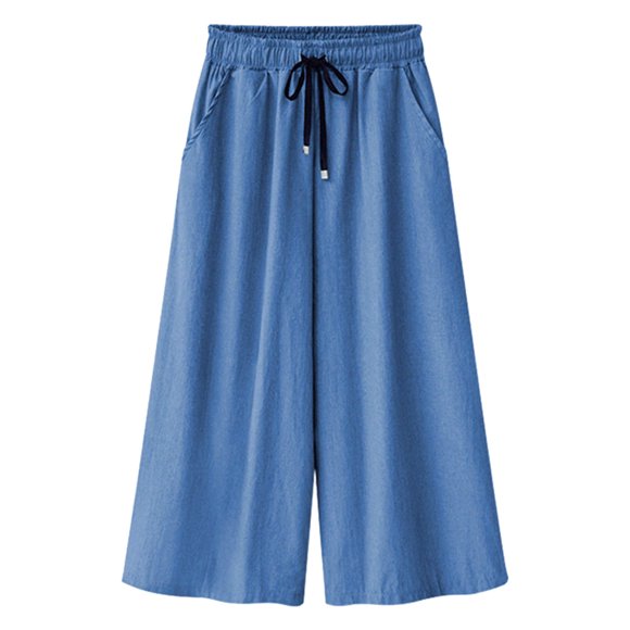 Fartey Plus Size Womens Wide Leg Capri Jeans Fashion Drawstring Elastic Waist Cropped Denim Pants Casual Loose Solid Color Culottes with Pockets,Light Blue,XXXXXL