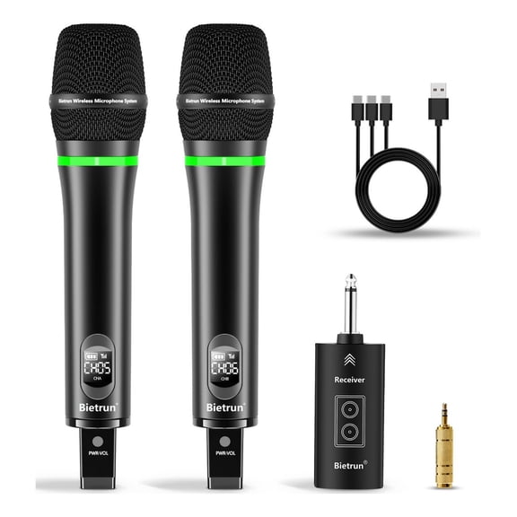 Bietrun Rechargeable Wireless Microphone, Dual Metal Cordless Handheld Dynamic Wireless Mics with 1/4'' Output for Karaoke, Meeting, Singing, Church, Wedding(UHF 240ft Range)(Receiver with Bluetooth)