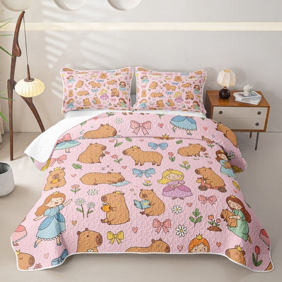 Erosebridal Girls Cute Capybara Twin Quilt Set, Bow Princess Fairy Twin Coverlet Set, 2 Pieces