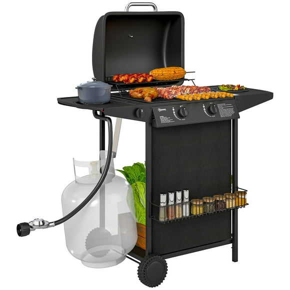 Outsunny 2+1 Burner Propane Gas BBQ Grill, Portable Gas Grill, Black