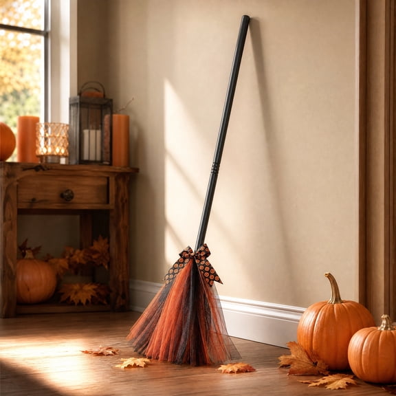 Halloween Witch Broom Decoration, 35.4 inch Tulle Witch Broom Prop with Pumpkin Bow Ribbon for Front Door Fireplace and Party Decor