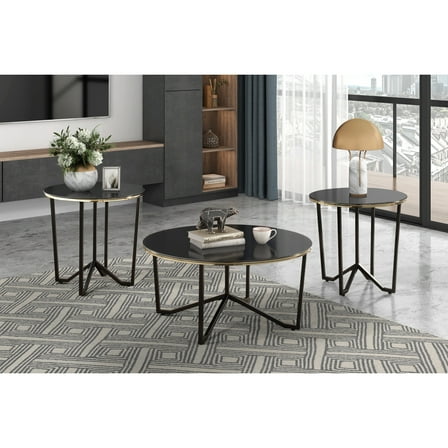 Newboti Furniture Round Coffee Table and End Tables 3pc Set Black Tempered Glass Top Metal Frame Modern Living Room Furniture 67652