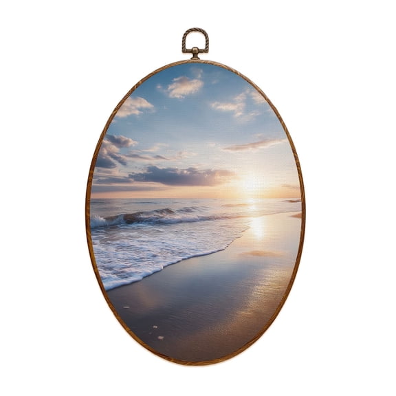 Canvas Wall Art Beautiful sunrise sea Beach Landscape Sand Nature Wave Oval Framed Canvas Prints Vintage Wall Hanging Decor for Home Decorations 8.6"x11.4"