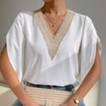 thumbnail image 2 of Blusa con manga de pétalo Top Guipur Encaje Cuello en V Blusa de manga corta con pétalos para verano Primavera Blanco M, 2 of 8