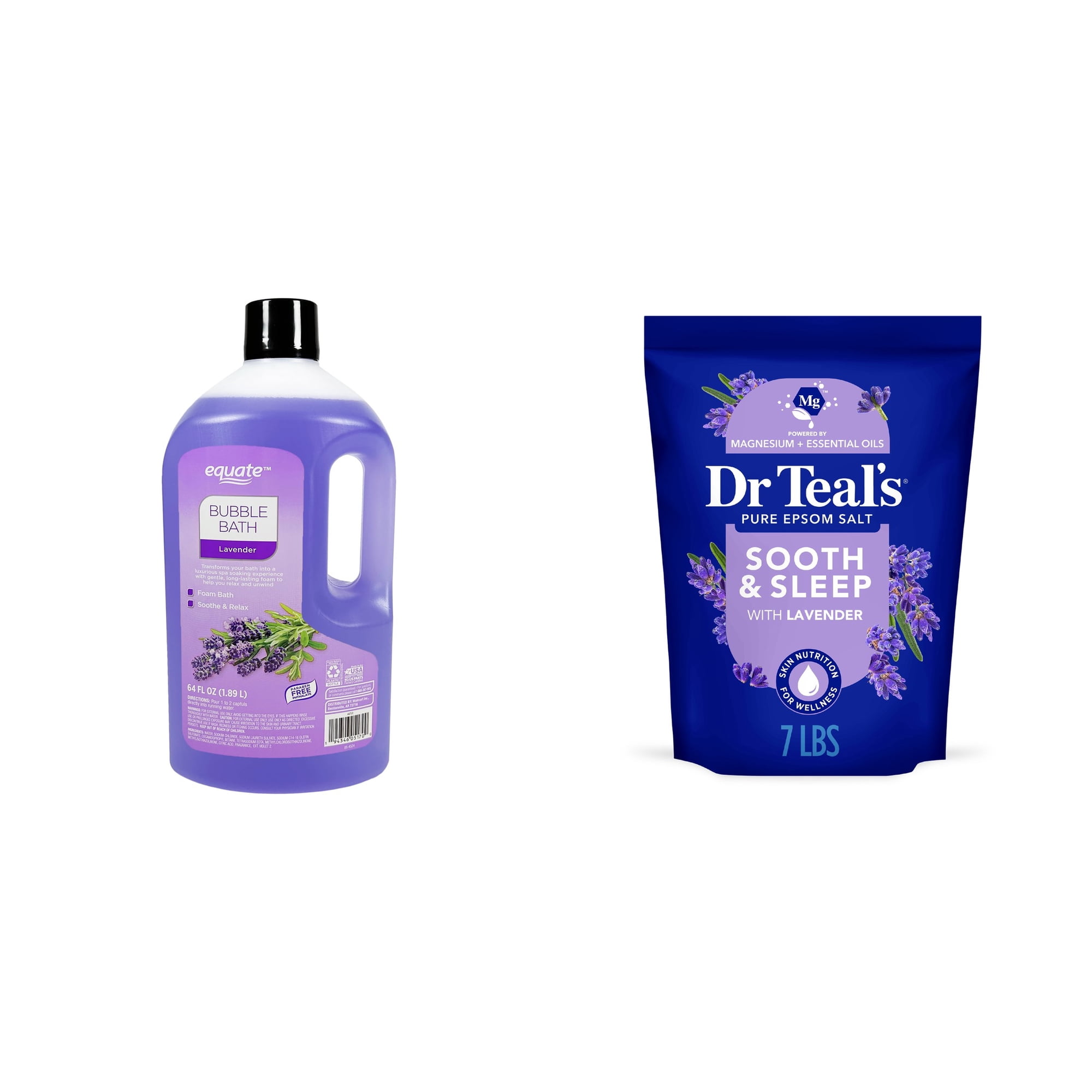 Equate Bubble Bath, Lavender & Dr Teal's Epsom Salt Magnesium Soak, Soothe & Sleep with Lavender, 7 lbs Bundle