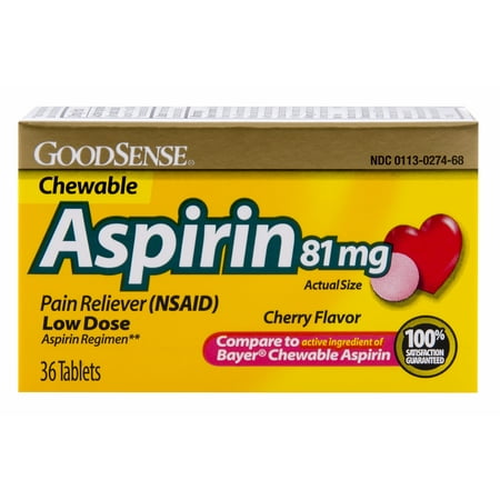 GoodSense Aspirin Pain Reliever 81 mg Cherry Flavored Chewable, 36-count