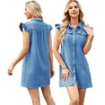 thumbnail image 4 of WOLLED Women's Denim Dress Fashion Elastic Waist New One Row Buckle Design Stylish Dress S-XL, 4 of 9