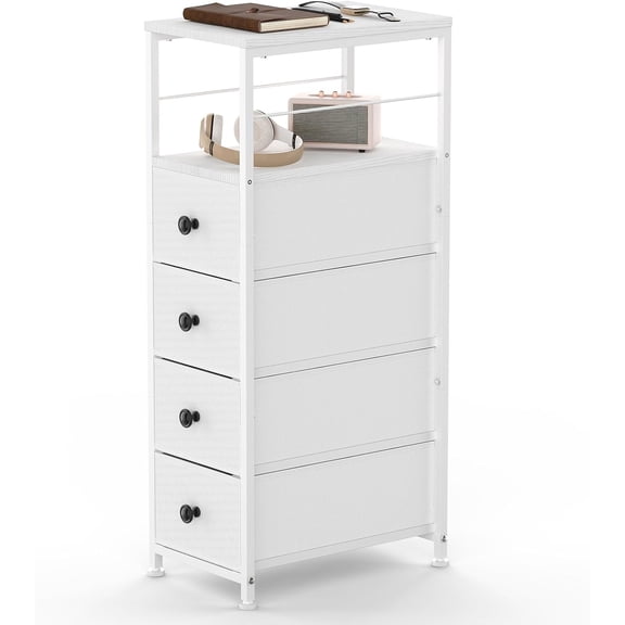 1 Narrow Dresser for Bedroom, Slim Side Table with Drawer, Dresser Storage Cabinet with 4 Fabric Drawers, Chest of Drawers for Small Space, White