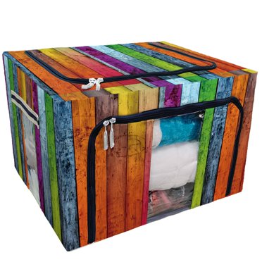 PKQWTM Vintage Wood Planks Storage Bag Clear Window Storage Bins Boxes Large Capacity Foldable Stackable Organizer With Steel Metal Frame For Bedding,Clothes,Closets, Bedrooms