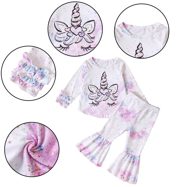 KYAIGUO Infant Toddler 2PCS Spring Fall Sweatshirt Outfit for Girls Ruffle Sleeve Floral Pullover Tops + Flare Bell Bottom Pants Set 6M-6Y Baby Print Sweatsuit Top & Flare Pants Set