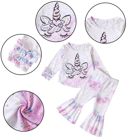 KYAIGUO 6M-4T Baby Newborn Girl Spring Sweatshirt Outfit 2PCS Toddler Ruffle Sleeve T-Shirt Flared Pants Fall Pullover Cartoon Bell Bottoms Set Casual T-Shirt Sunflower Tops Bell Bottoms Pants