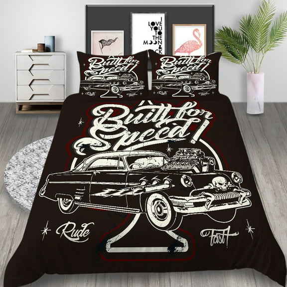 YJHDM Retro Vintage Car Bedding Set 3D Speed Down Duvet Cover Pillow Case 2/3pcs Black Quilt Cover