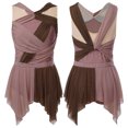 thumbnail image 7 of SiiRoh Womens Rhinestone Lyrical Dance Dress Color Block Mesh Ruched Twisted Knot Irregular Hem Sleeveless Leotard Dress Brown L, 7 of 7