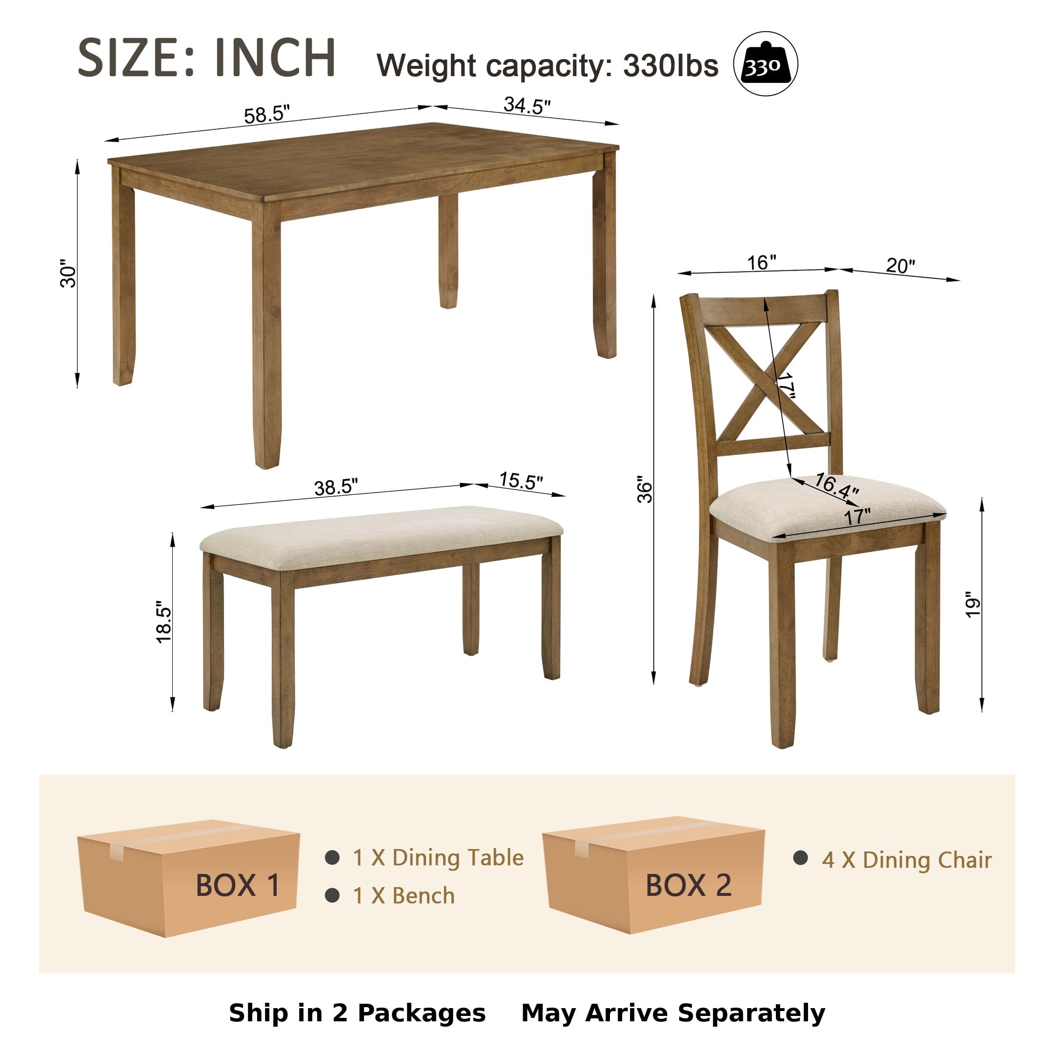 BSHTI 58.5" Acacia Wood & MDF 6-Piece Dining Table Set with X-Back Upholstered Chairs and Bench for Kitchen Dining Room(Oak)