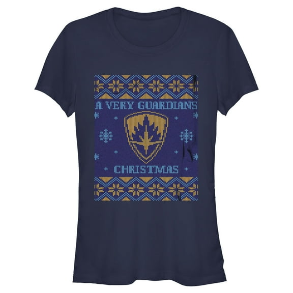 Junior's Guardians of the Galaxy Holiday Special Ugly Christmas Sweater Graphic Tee Navy Blue X Large