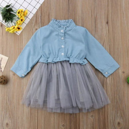 Kids Baby Girl Long Sleeve Denim Dresses Tutu Tulle Party Pageant