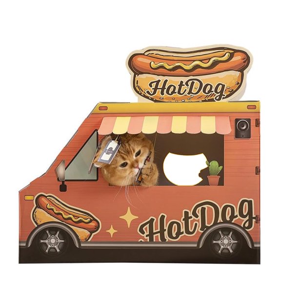 SMILE PAWS Large Sturdy Cardboard Cat House with Scratcher, Hot Dog Truck