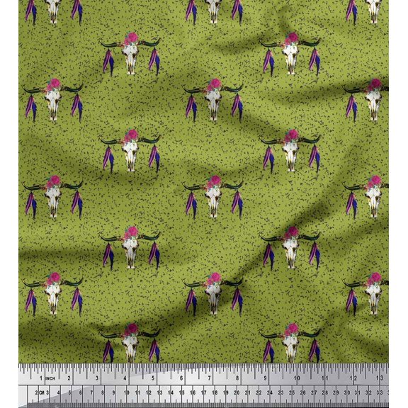 Soimoi Green Cotton Voile Fabric Feather & Elk Mount Face Printed Craft Fabric by the Yard 42 Inch Wide