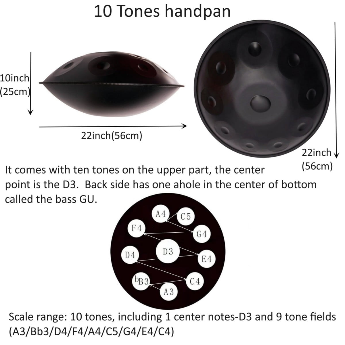 Latourreg 22 inches 10 Tones Handpan Drums D Minor Steel Hand Drum with Soft Hand Pan Bag