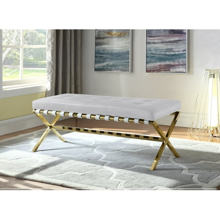 Tufted Bench Seat Chic Home Perez PU Leather Modern Contemporary Tufted Seating Goldtone Metal Leg Bench, White ()