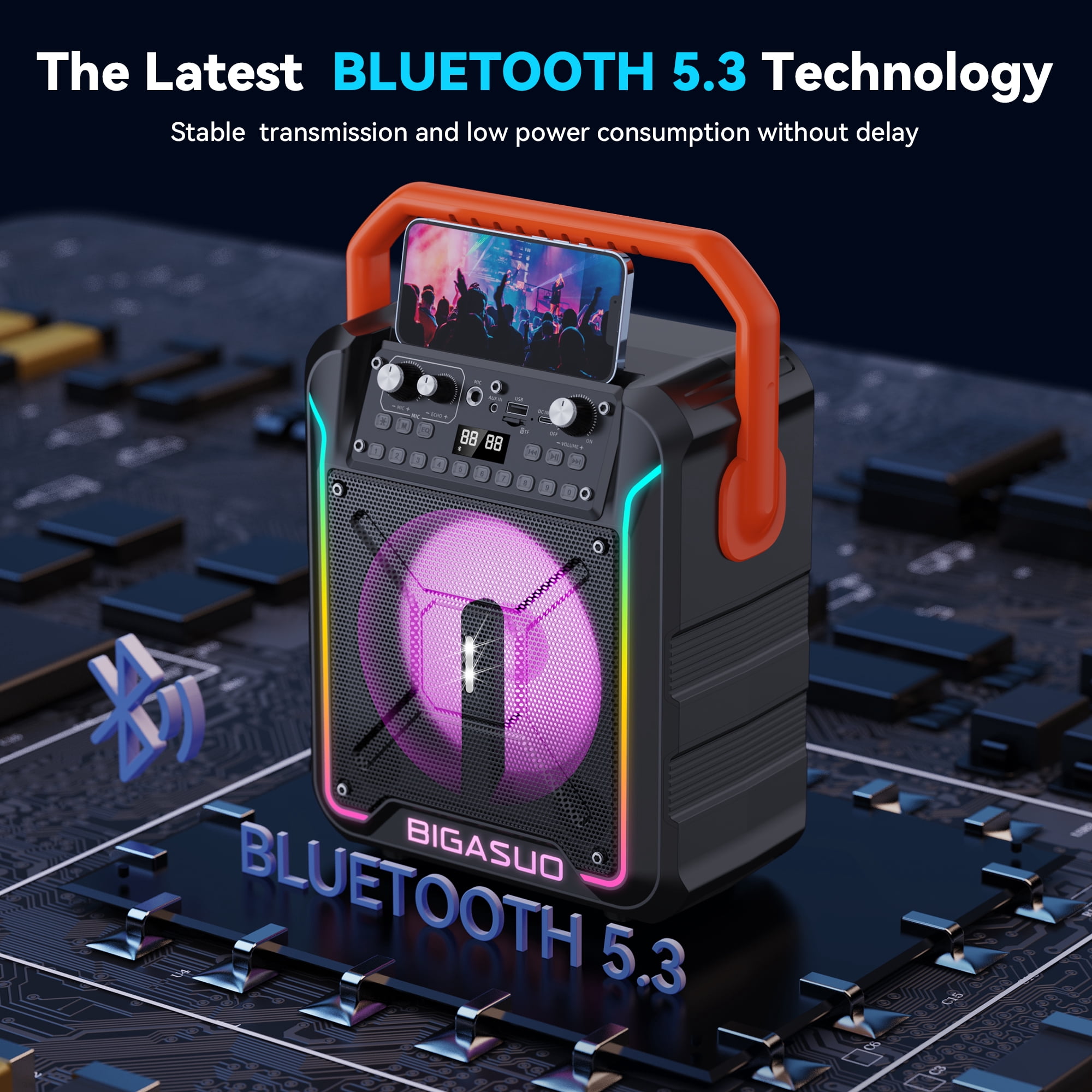 BIGASUO Bluetooth Karaoke Machine, Portable Party Speaker Karaoke Singing Machine for Adult , Home Karaoke PA System with 2 UHF Microphones , RGB Colorful Light,  TWS Speaker for Indoor/Outdoor
