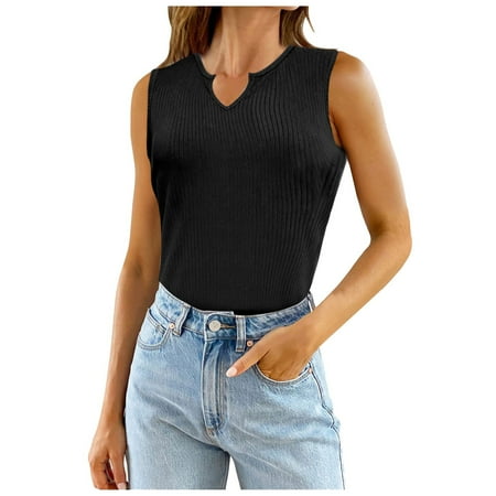 QYZEU Womens Clothing V Neck Sleeveless Knit Ribbed Fitted Loose Crop Tank Top Solid Bodysuit Top Comfortable Breathable Soft Lightweight Tops Black S