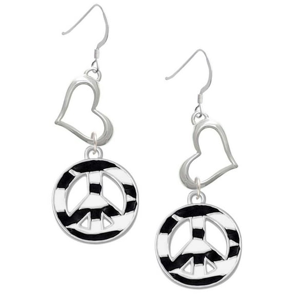Delight Jewelry Silvertone Large Zebra Print Peace Sign Open Heart French Earrings