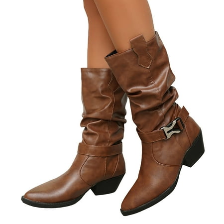 GHSOHS Cowboy Boots for Women Western Boots Mid Calf Boots Pointed Toe Leather Pleated Western Cowgirl Boots Vintage Leather Cowboy Boots Long Riding Boot Shoes Pointed Toe Boots Size 40