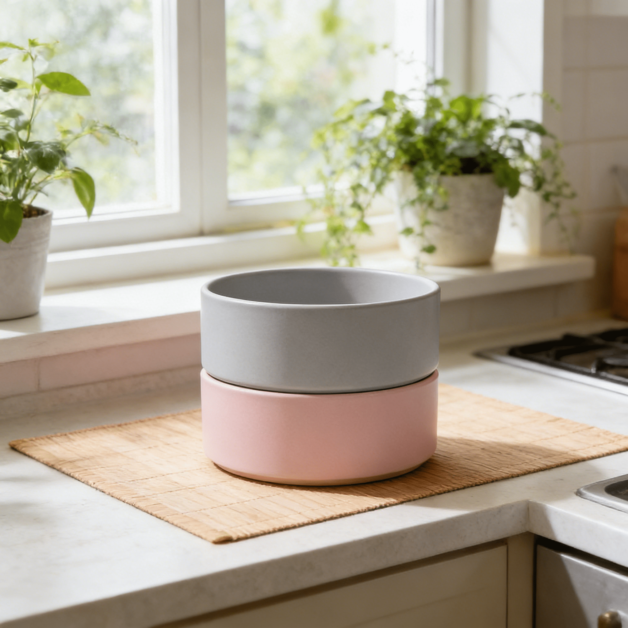 ACDANC 2026 New 2Pcs Cat Food Bowl,Natural Ceramic Cat Water Bowl,Splash-Proof Design Puppy Bowls,For Indoor,Outdoor,Travel,11Cm,Gray \U0026 Pink