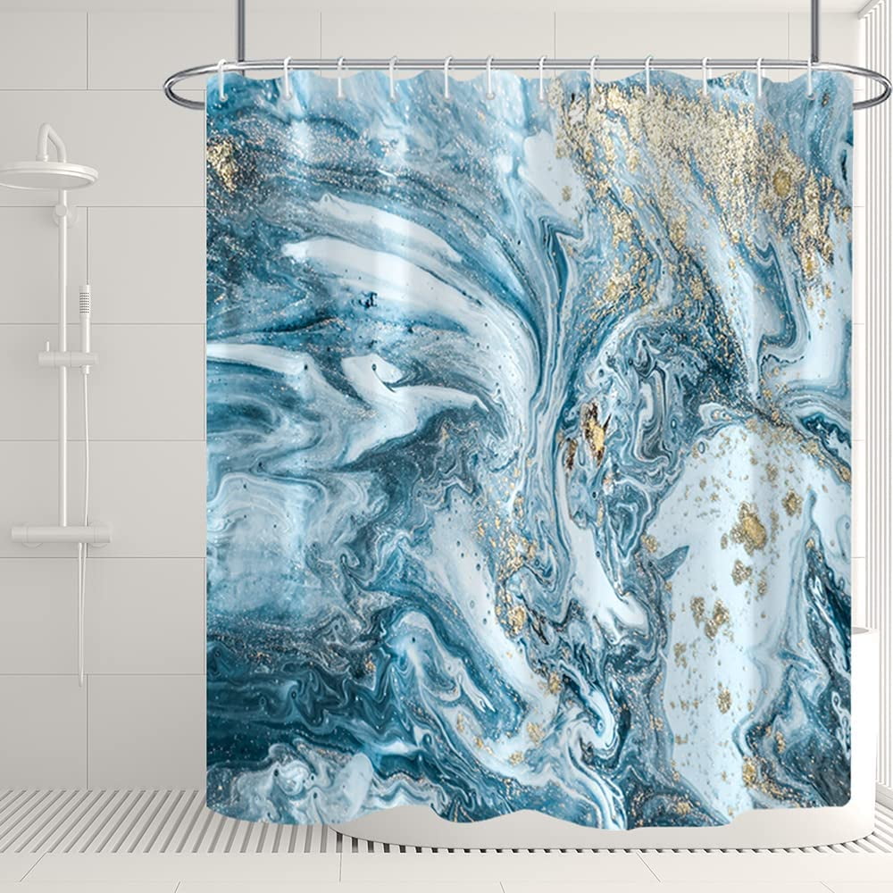 Extra Long Marble Bathroom Shower Curtain 84 Inches Length Blue White Gold Waterproof Fabric Shower Curtains with Hooks Watercolor Abstract Shower Curtains Cloth for Home Bath Decor 72x84 inches