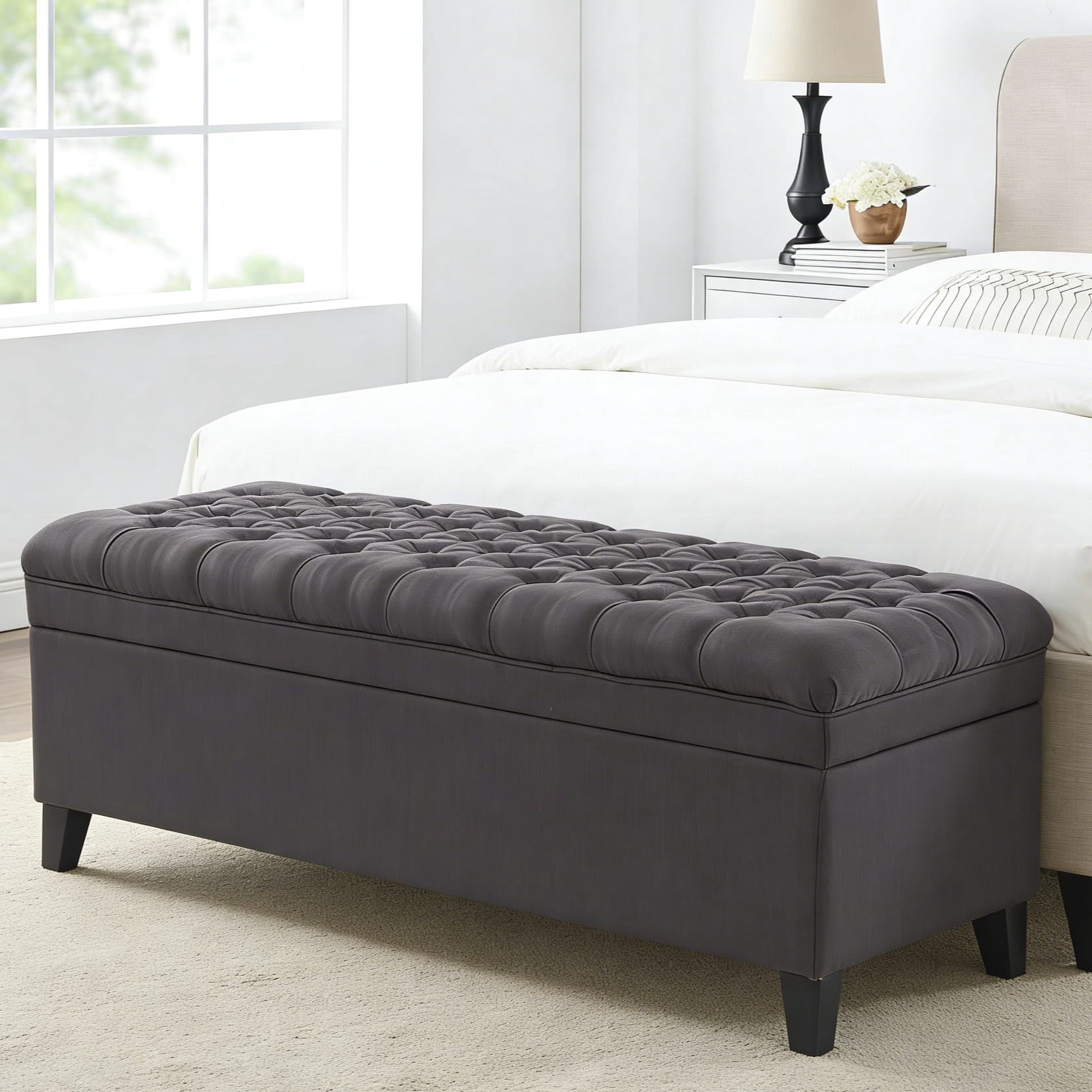 Gewnee 49.41" Flip Top Storage Bench Linen Upholstered Entryway Bedroom Living Room Dark Grey