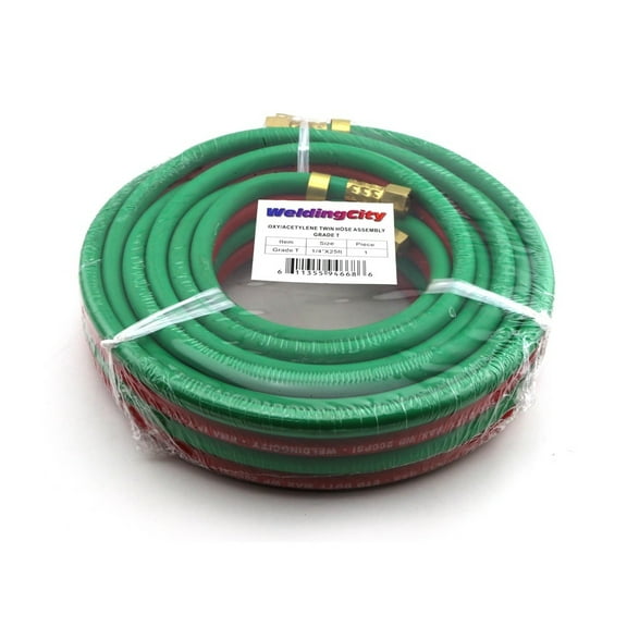 WeldingCity 25-ft 1/4" Grade-T Red and Green Rubber Twin Hose B-B Fittings for Oxygen/Acetylene, Propane and Other Alternative Fuel Gas in Welding, Cutting and Heating
