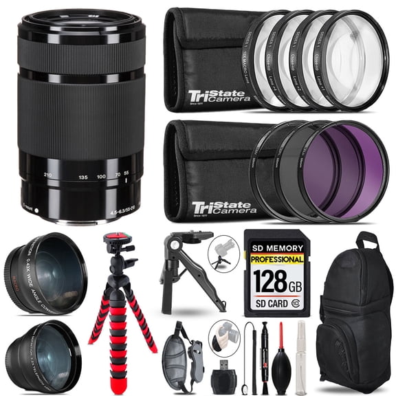 Sony E 55-210mm f/4.5-6.3 Lens (Black) - 3 Lens Kit   Tripod   Backpack - 128GB Accessory Bundle