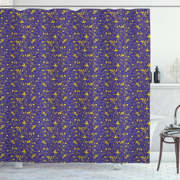 Floral Shower Curtain, Surreal Illustration with Botany of Branches Leaves Swirls Curlicue Design, Fabric Bathroom Set with Hooks, 69W X 84L Inches Extra Long, Quartz and Yellow, by Ambesonne