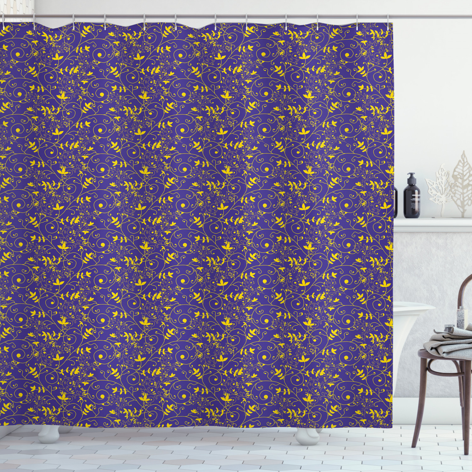 Details about / Vintage Shower Curtain Curlicues Floral Design Print for Bathroom