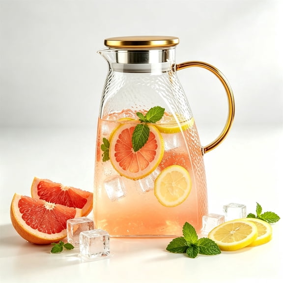 64oz Glass Water Pitcher with Gold Handle & Lid, Hammered Borosilicate Glass Carafe for Fridge, Iced Tea, Juice, Lemonade