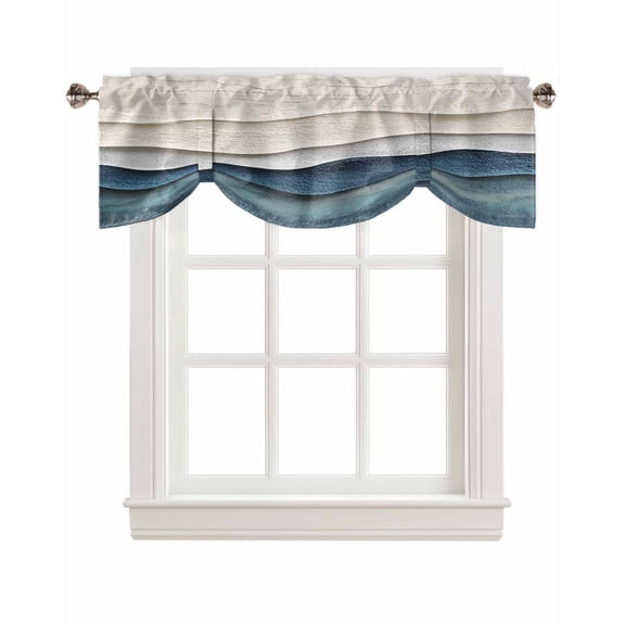 Tie Up Valance Curtain for Kitchen,Abstract Blue Beige Waves Beach Rod Pocket Short Curtains Adjustable Tie-Up Shade Valances,Line Art Window Treatment for Bathroom Bedroom