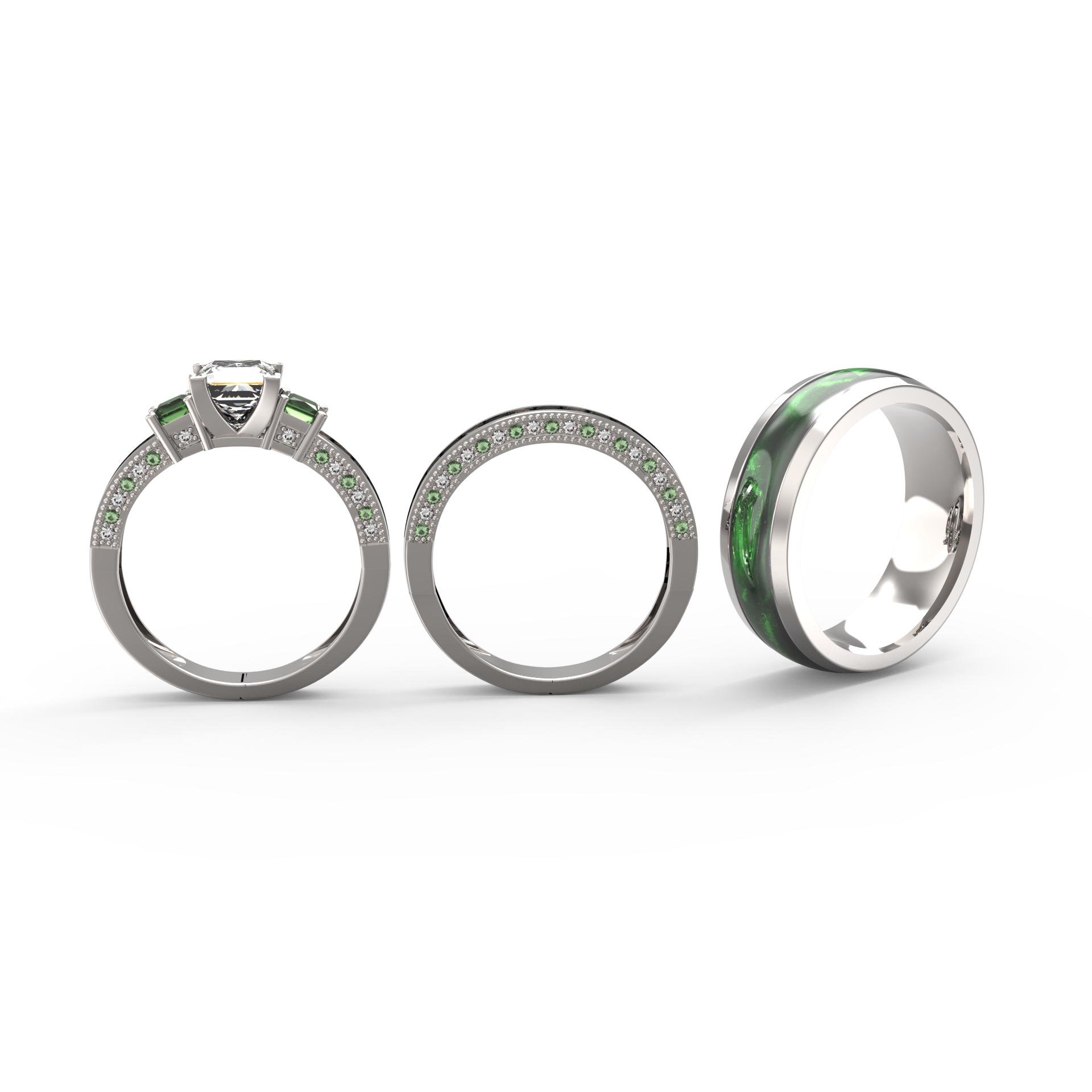 3pc Couples Wedding Ring Sets His And Hers Women Sterling Silver Green Moissanite and men Wedding Bands Together With Ring Gift Jewelry Box