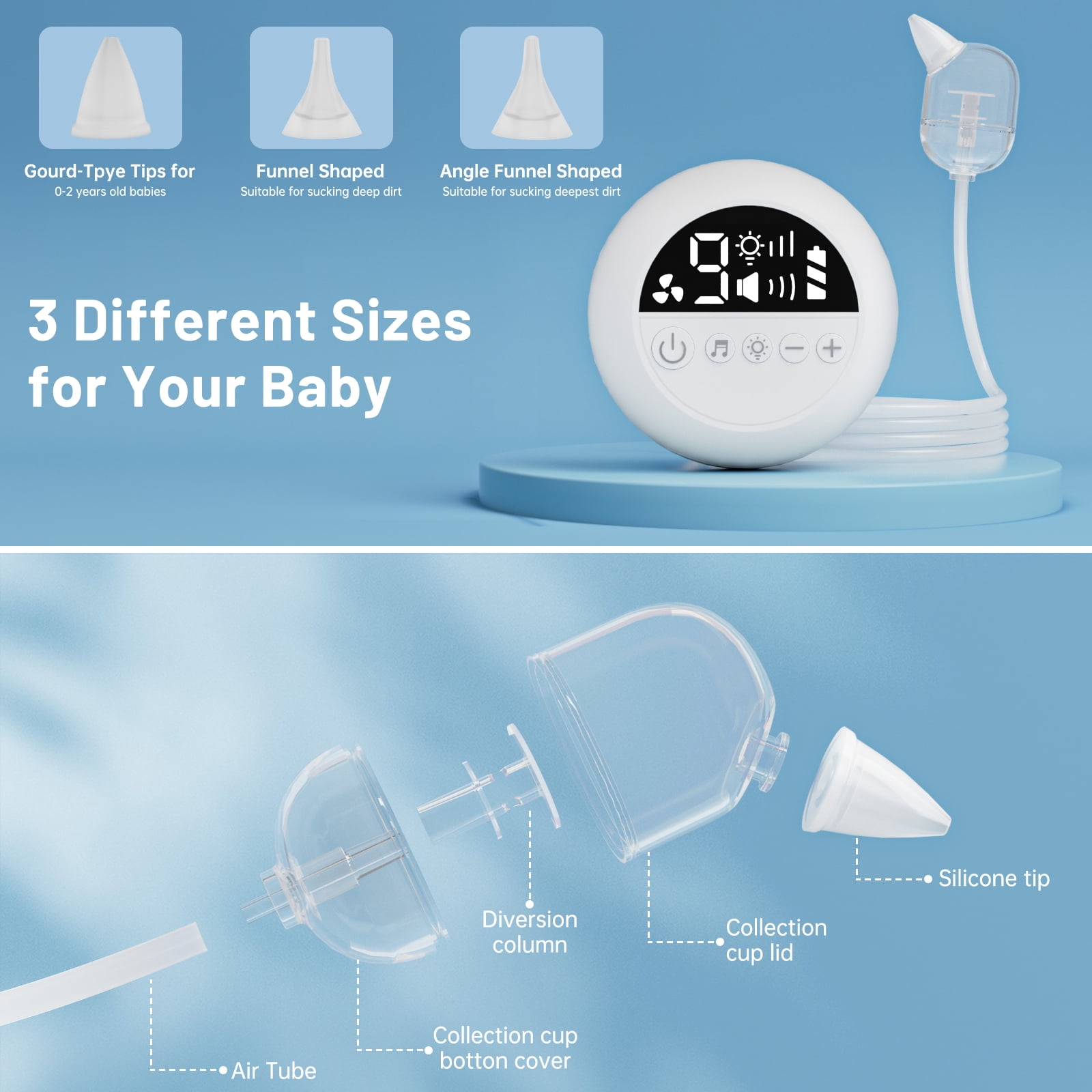 Cshidworld Nasal Aspirator for Baby, Electric Baby Nose Booger Sucker with 9 Levels Suction, Night Light & 10 Nursery Rhyme Soothing Function, Automatic Nose Suction for Toldder Child, 3 Silicone Tip