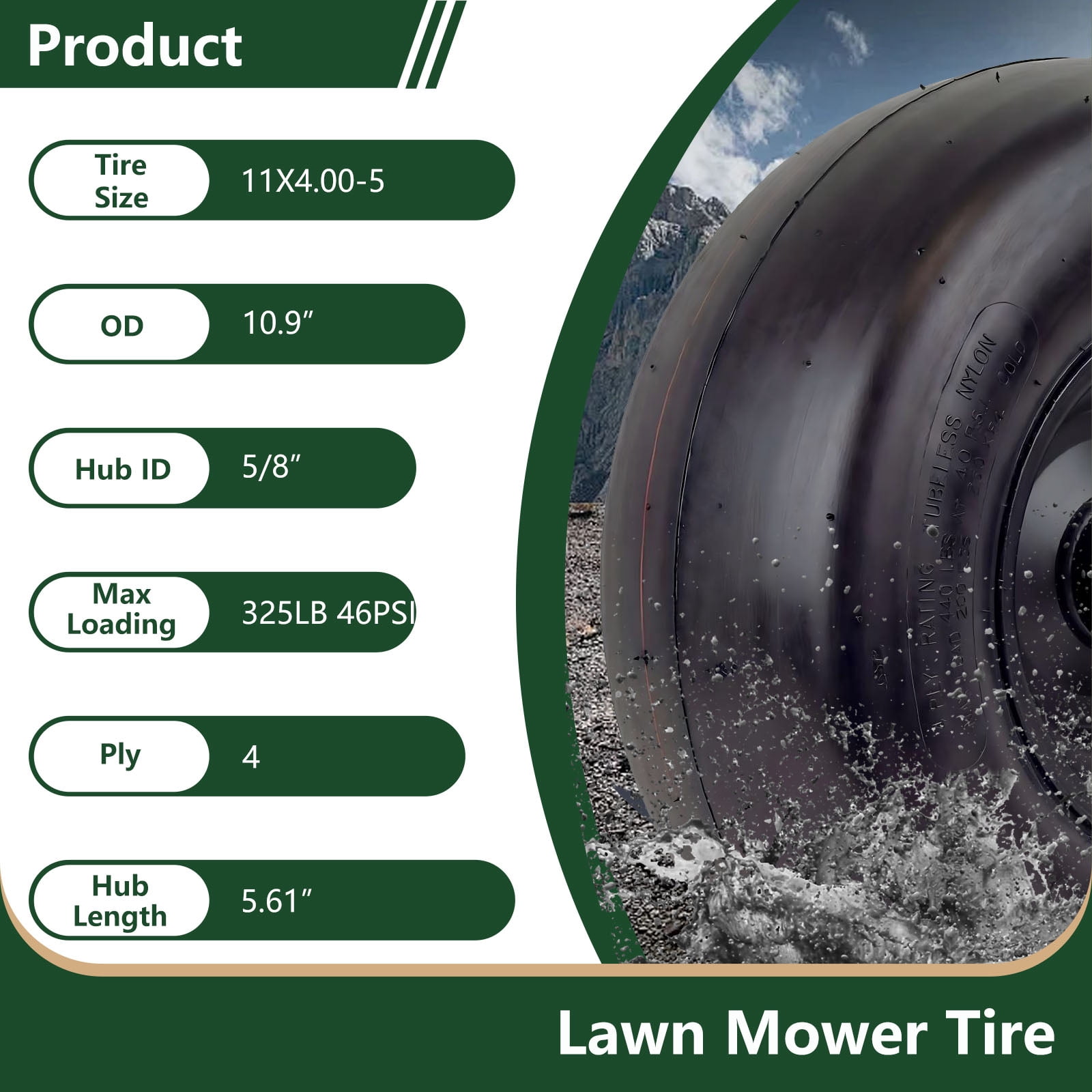 Hi-Run 2 Set SU19 11X4.00-5 4PR Lawn & Garden Tires, 5x3 Black Wheel, 5/8" Bushing, 5.61" Hub Length Assembly