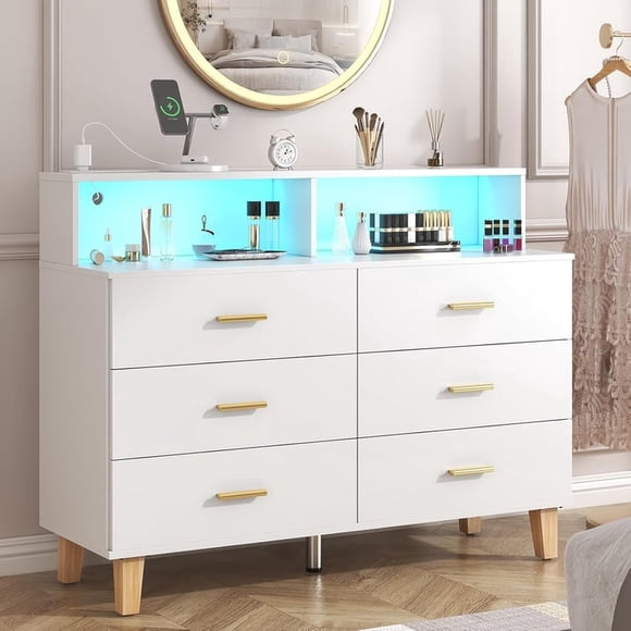 Cómoda Cajonera de 6 Cajones, Cómoda con Luz LED y Toma de Corriente,120 * 40 * 93cm