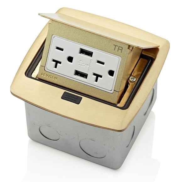 Leviton Pop-Up Floor Box with Dual USB Type A Receptacle, 20 Amp, PFUS2-0BR, Brass