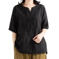 thumbnail image 3 of Tweang Cotton Tunic Tops for Women Embroidered Shirts Turn-down Collar Boho Peasant Blouse Floral Embroidered Boho Tops Roll Up Short Sleeve Cotton Linen Embroidered Tops Bohemian Shirts Black L, 3 of 3