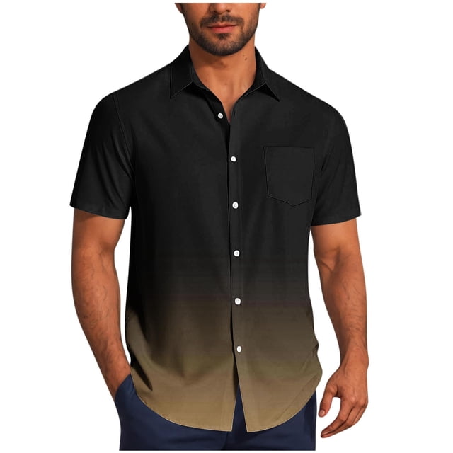 Mens Casual de Manga Corta Botón Abajo Camisas Gira Cuello Gradación Blusa de Impresión, Suelto Ajuste Poliéster Camisa de Verano, Lavado a Mano Casual