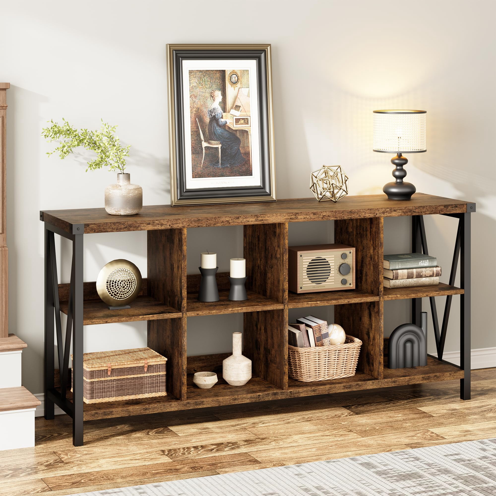 TROPOW 8 Cube Storage Organizer, 3 Tier Metal Horizontal Bookcase, 62 Inch Console, Industrial Storage for Entryway, Long Low Bookshelf for Living Room - Retro Brown