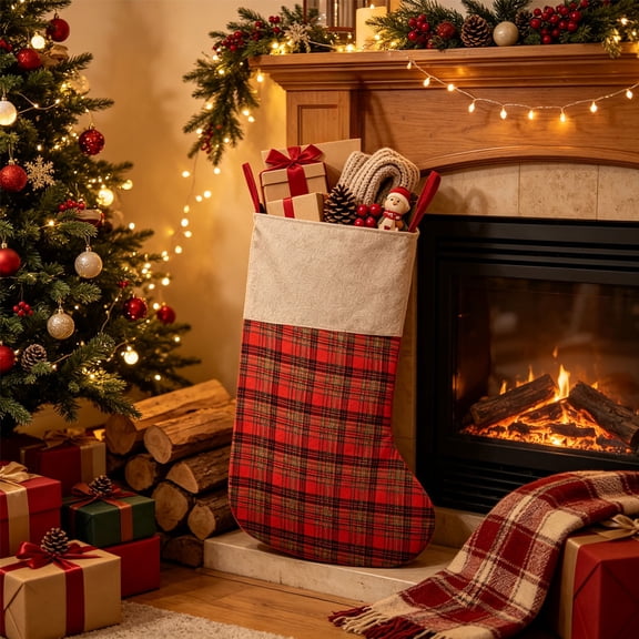 Jumbo Christmas Stockings,Holiday Hanging Bags Giant Red Black Buffalo Plaid Felt Stockings Hanging Gift For Xmas Tree Fireplace Mantel Home Holiday Party Decoration Gift