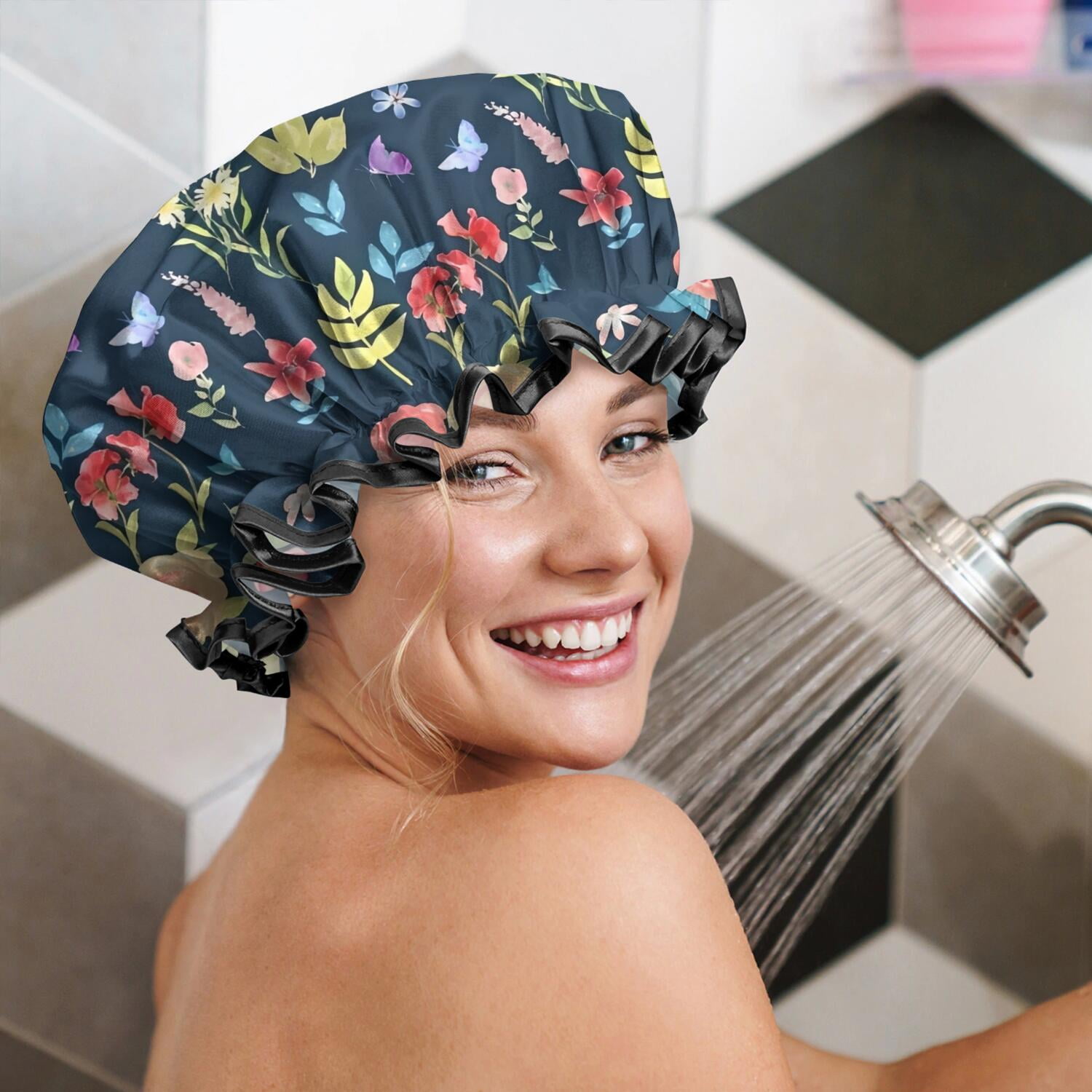 Shower Caps,Pioneer Flower Floral Print Pattern Waterproof Shower Cap for Women 4 Pieces,Double Reusable Hair Cover for Shower PEVA Elastic Stretch Hem